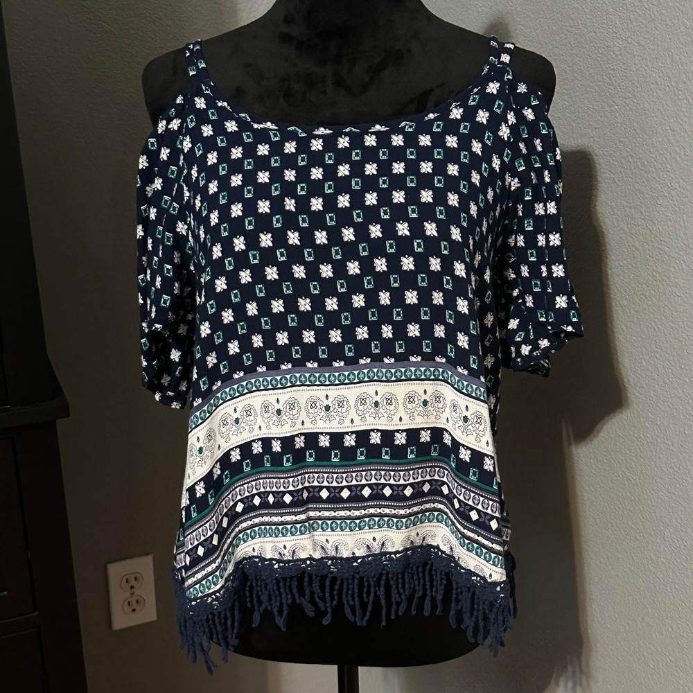 RD‎ Style Blouse Medium Boho Fringe Top Navy Geo Print Festival Cottagecore